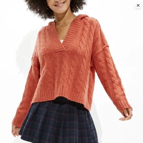 American Eagle Coral V-neck Chunky Knit Hooded Pullover Sweater Women's Large - Picture 2 of 4